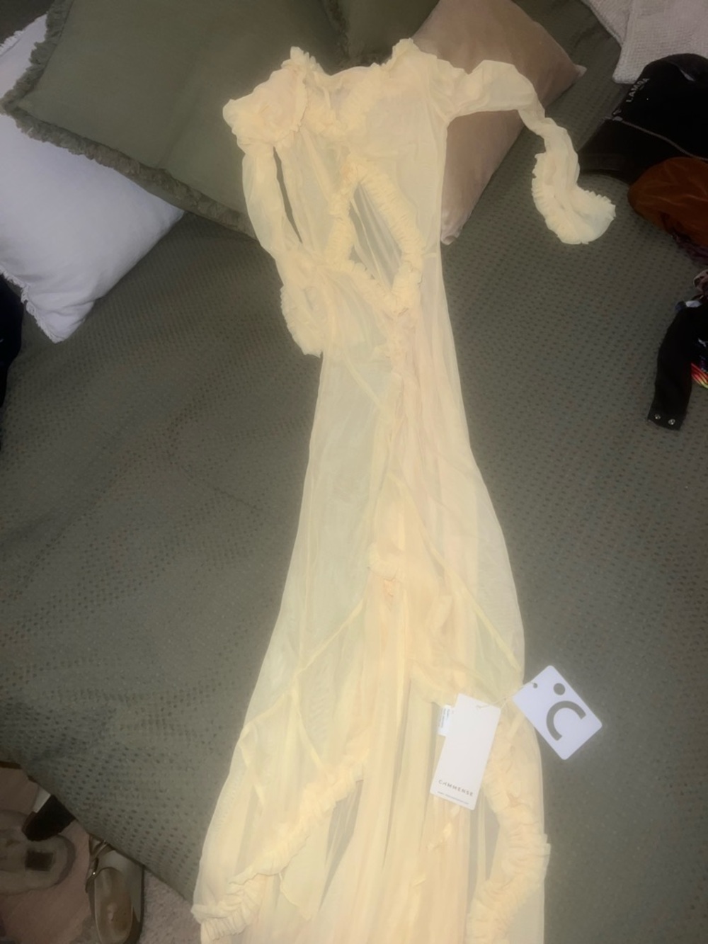 Commense Sheer Pale Yellow Ruffle Maxi Dress